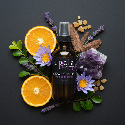 Crown Chakra Aura Mist - botanicals arranged around bottle