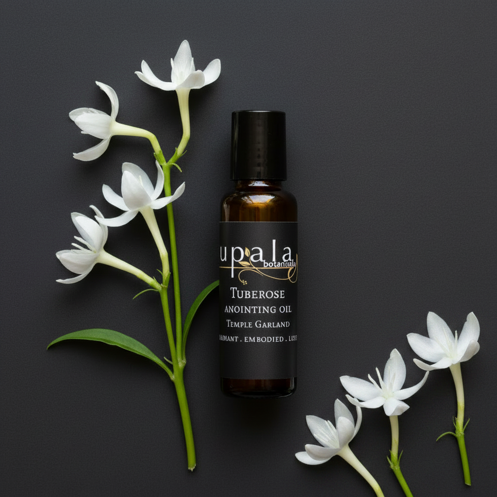 Tuberose Anointing Oil - flush cap bottle with scattered right side blossoms